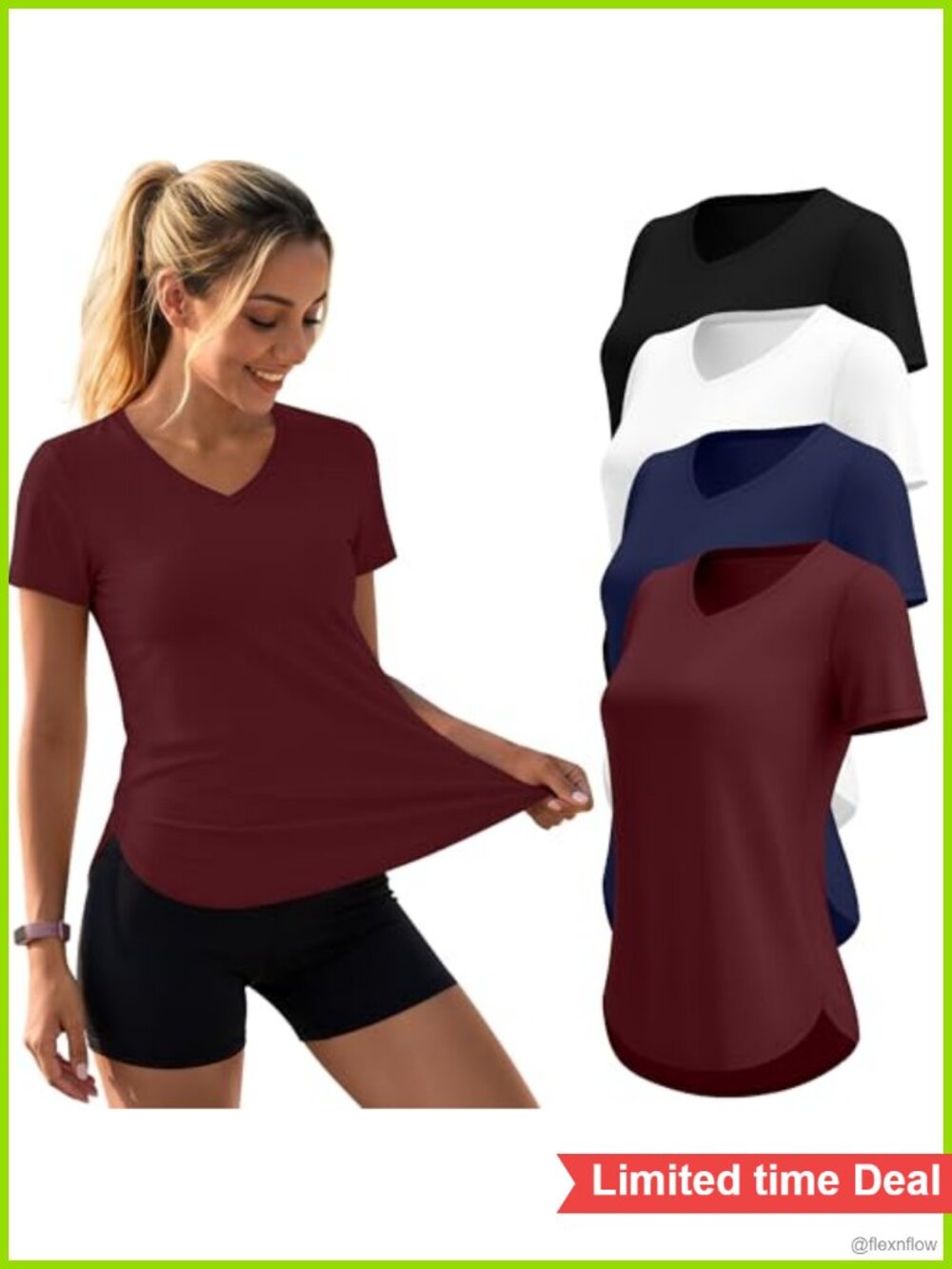 4 Pack V Neck Workout Tops Side Slit Curved Hem Active Tees